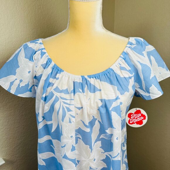 Hilo Hattie Muu Muu Dress Womens L Short Sleeve Blue White Floral Midi Hawaii - Picture 2 of 13